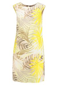 Ärmelloses Kleid mit gelbem, beigem und braunem tropischem Blattmuster und kleinen Strasssteinen am Ausschnitt.