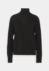 Pull noir à col roulé à manches longues avec col, poignets et ourlet côtelés, présenté sur un fond uni gris clair.