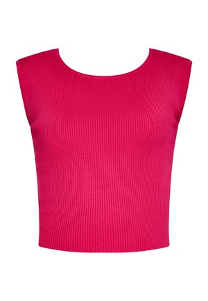 Figurbetontes rosa geripptes ärmelloses Oberteil mit Rundhalsausschnitt, aus einem glatten Strickstoff gefertigt, mit einem verkürzten Schnitt und einfarbigem Design.