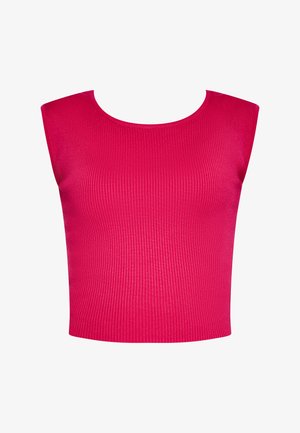 Pielāgots rozā ribota bez piedurknēm tops ar apaļu kakla izgriezumu, izgatavots no gludas adījuma auduma, ar īsu griezumu un vienkrāsainu dizainu.