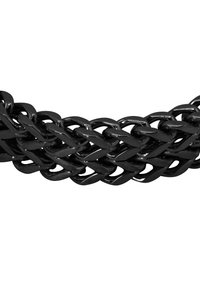 Catena in metallo nero con anelli intrecciati, caratterizzata da una finitura lucida e superfici lisce, creando un design audace e robusto.