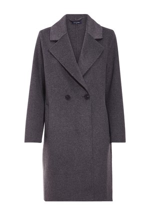 Grauer zweireihiger Wollmantel mit Reverskragen, zwei vorderen Taschen und strukturiertem Stoff. Die Knöpfe sind schwarz und rund.