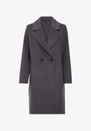 Gray double-breasted coat made of wool, featuring a notched collar, two front pockets, and textured fabric. Buttons are black and round.