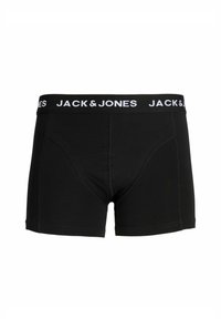 Boxers noirs pour hommes avec logo blanc "JACK & JONES" sur la ceinture, vue de face avec détails de couture visibles.