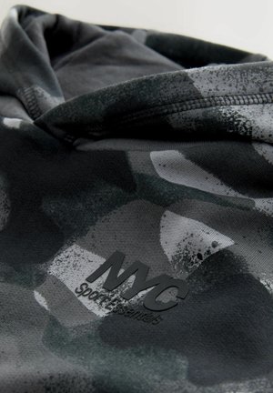 Hooded sweatshirt in black and gray camo pattern, featuring a textured, rubberized NYC Sport Essentials logo at the chest. Soft fabric.
