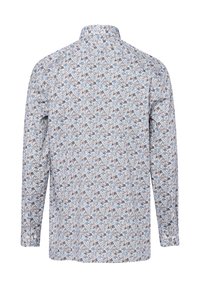 Camicia a maniche lunghe in tessuto bianco con un motivo floreale multicolore, dotata di colletto e polsini con bottoni. Vista posteriormente.
