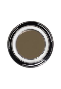 Round compact containing a matte taupe cream product. The container is metallic with a shiny finish and white inner rim.