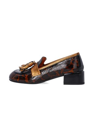 Glossy black and brown tortoiseshell leather loafer with a gold accent and bow detail, featuring a low block heel.