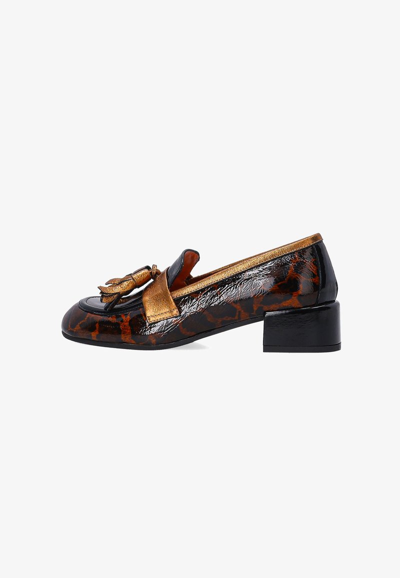 Glossy black and brown tortoiseshell leather loafer with a gold accent and bow detail, featuring a low block heel.