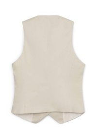 Beige ärmellose taillierte Weste mit einem leicht spitz zulaufenden Rückensaum, glattem Stoff und vertikalen Nahtdetails.