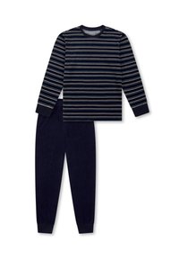 Marineblaue Pyjamahose mit langärmeligem Oberteil, das horizontale Streifen in verschiedenen Farben aufweist, sowie passenden einfarbigen marineblauen Hosen mit elastischen Bündchen.
