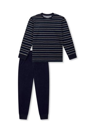 Marineblaue Pyjamahose mit langärmeligem Oberteil, das horizontale Streifen in verschiedenen Farben aufweist, sowie passenden einfarbigen marineblauen Hosen mit elastischen Bündchen.