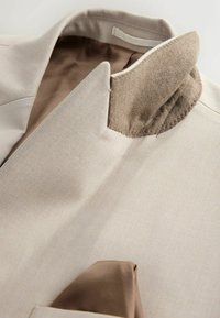Beige blazer s plstěným límcem, hladkým povrchem a hnědým kapesníčkem. Podšívka je v kontrastní hnědé barvě.