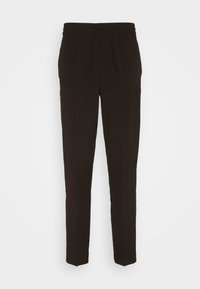 Svarta, tapered byxor i mjukt tyg med elastisk midja och justerbar dragsko. Slät textur, utformad för komfort.