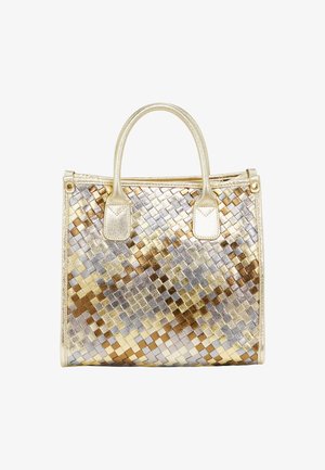 Gold, silver, and bronze woven synthetic handbag with two handles, featuring a structured shape and a smooth, metallic finish.