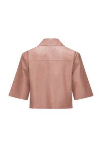 Kurzärmlige, rosa Lederjacke mit umgeschlagenem Kragen und glatter Textur. Sie hat einen gerade geschnittenen Rücken und minimale Details.