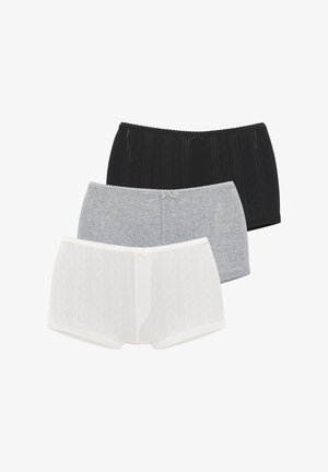 Three pairs of women's shorts, featuring black, gray, and white colors. Each pair has a soft texture and subtle striped patterns.