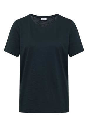 Kortærmet sort t-shirt med rund hals og subtil meleret tekstur samt en lille label ved den indvendige halskant.
