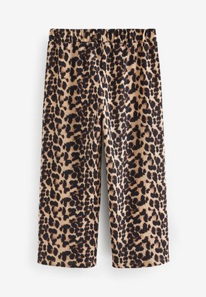 Pantaloni cu imprimeu de leopard, cu un brâu elastic negru, textură de catifea și croială până la genunchi, în culori bej și maro închis.