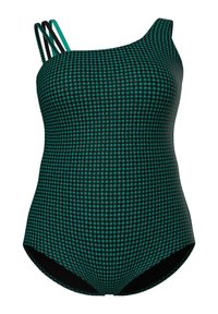Grøn og sort ternet badedragt med én skulder og triple skulderstropper på venstre side, bund med fuld dækning.