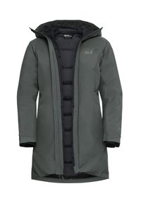 Lange, hüftlange Outdoor-Jacke in Dunkelgrau. Aus weichem, strukturiertem Stoff mit einem Reißverschluss und innen liegender Steppfudderung. Dezente Markenkennzeichnung auf der Brust.