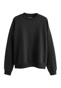 Fekete pulóver kerek nyakkivágással, esésszerű válltartással, bordázott mandzsettákkal és szegéllyel. Puha, texturált anyagból készült. Egyszerű kialakítás.