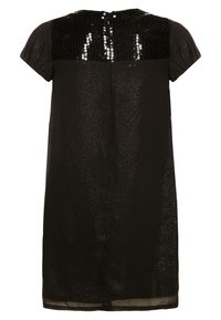 Vestido negro de mangas cortas, con un top de lentejuelas y una tela suave y brillante. Tiene un escote redondo y un cierre de cremallera en la parte posterior.