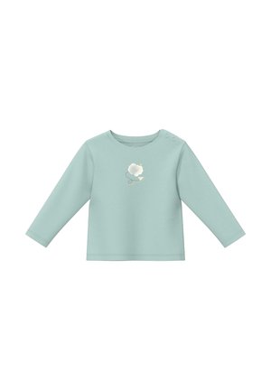 Jasnoniebieska koszulka dla malucha z długim rękawem, z dwoma zatrzaskami na ramieniu oraz małym motywem chmurki i papierowego samolotu na środku przodu.