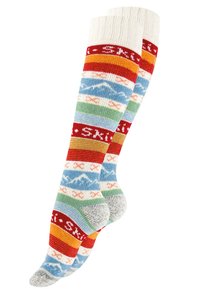 Kniestrümpfe mit einem mehrfarbigen gestreiften Muster in Rot, Blau, Grün und Orange. Hergestellt aus weichem, strukturiertem Stoff mit textuellen Akzenten.