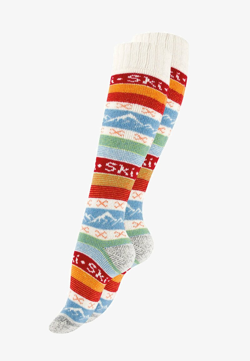 Calzini alti fino al ginocchio con un motivo a strisce multicolori che includono rosso, blu, verde e arancione. Realizzati in un morbido tessuto testurizzato con dettagli testuali.
