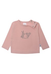 Rosa Langarmshirt mit einer grauen Illustration eines Kaninchens und eines Eichhörnchens sowie dem Text "Freunde für immer" und Druckknopfverschluss an der Schulter.