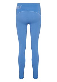 Blå ribbade leggings med hög midja, med kontrasterande vit logotyp på baksidan, slät textur och figurformande design.