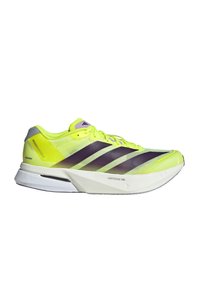 Scarpa da corsa gialla neon con tomaia in rete traspirante, strisce diagonali viola e suola leggera bianca con il marchio 'LIGHTSTRIKE PRO'.