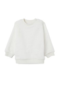 Weißer Fleece-Sweatshirt mit gerippten Bündchen und Kragen, ausgestattet mit einer weichen Textur und einem dezenten, geprägten Muster. Mit Schulter-Druckknopfverschluss.
