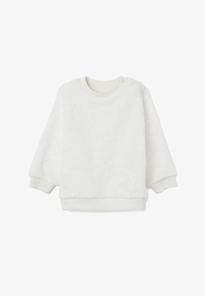 Witte fleece sweatshirt met ribgebreide boorden en halslijn, voorzien van een zachte textuur en subtiel reliëfpatroon. Inclusief drukknoopsluiting bij de schouder.