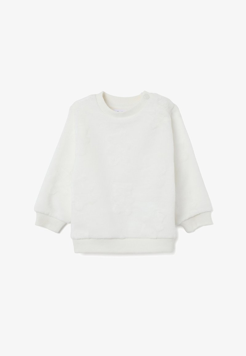 Weißer Fleece-Sweatshirt mit gerippten Bündchen und Kragen, ausgestattet mit einer weichen Textur und einem dezenten, geprägten Muster. Mit Schulter-Druckknopfverschluss.