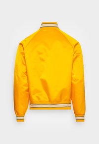 Veste aviateur jaune à finition satinée, col et poignets côtelés, et ourlet à rayures. Vue de dos montrant un tissu lisse et brillant.