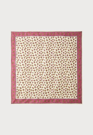 Square silk scarf with a cream background featuring a scattered animal print pattern in gold and brown, bordered by a pink floral frame.