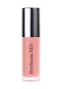 Perricone MD Lippenprodukt in einem klaren Glasbehälter mit einem sanften rosa Farbton, verschlossen mit einem reflektierenden schwarzen Deckel, der ein auffälliges Etikett trägt.