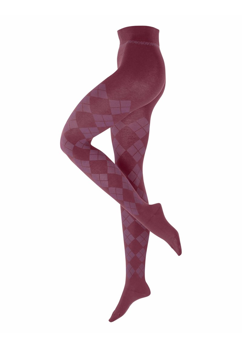 Collants bordeaux avec un motif en losanges dans des tons de violet variés. Texture lisse avec une bande supérieure solide.