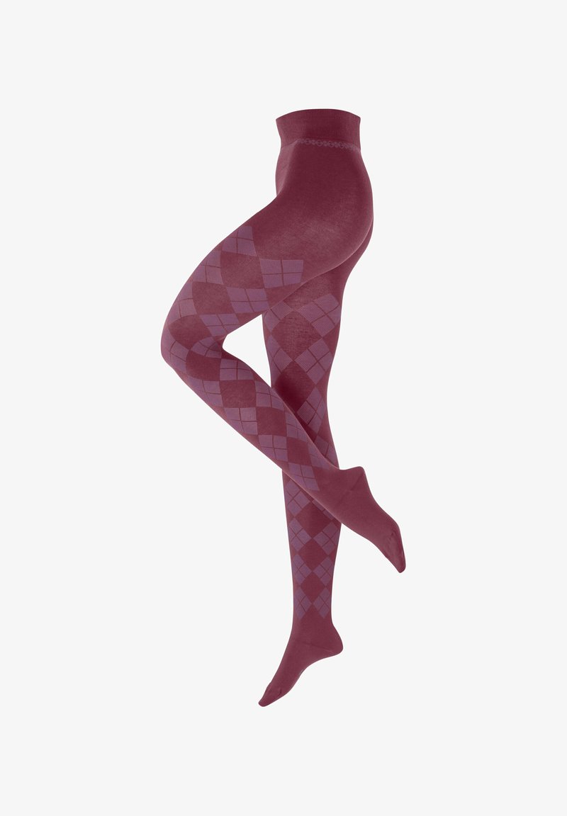 Burgunderfarbene Strumpfhosen mit einem Rautenmuster in verschiedenen Lila-Tönen. Glatte Textur mit einem festen oberen Bündchen.