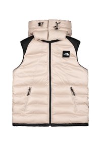 Gilet imbottito di colore beige chiaro con dettagli neri, dotato di un alto colletto, tasche con zip e una texture liscia e trapuntata.