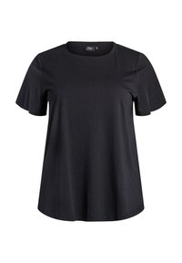 Juodas trumpas rankovės marškinėliai su apvali kaklo iškirpte, laisvu įsitaisymu ir be matomų raštų ar logotipų.