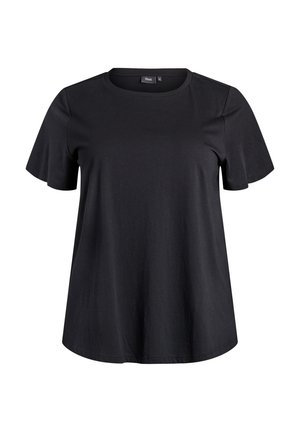 Zwarte T-shirt met korte mouwen en ronde hals, met een relaxte pasvorm en zonder zichtbare patronen of logo's.