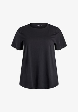 Zwarte T-shirt met korte mouwen en ronde hals, met een relaxte pasvorm en zonder zichtbare patronen of logo's.