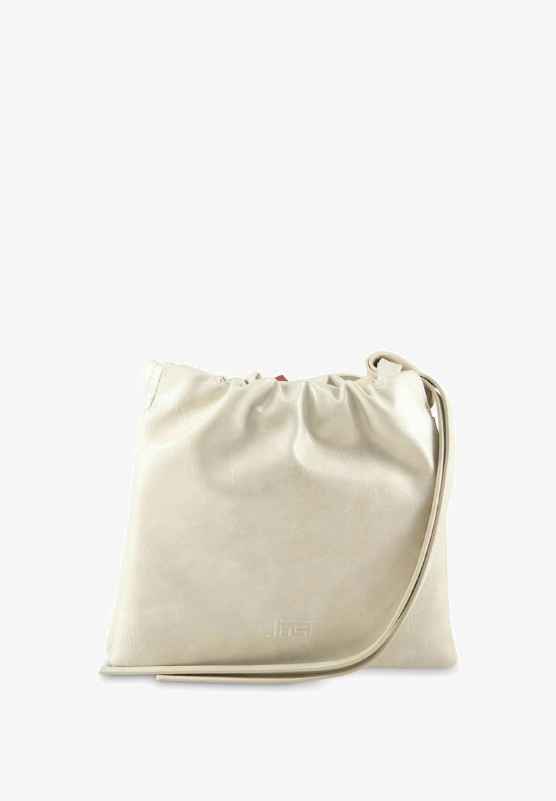 Sac bandoulière en simili cuir beige avec un haut à cordon, texture lisse et détail de logo discret en bas. Forme simple et arrondie.