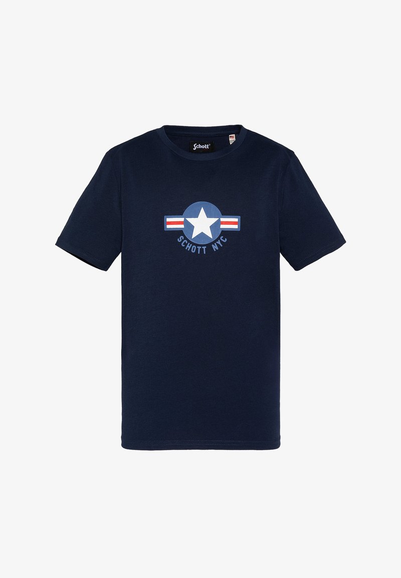 T-shirt en coton bleu marine avec un logo central en forme d'étoile blanche agrémenté d'accents bleus et rouges, à manches courtes et à col rond.