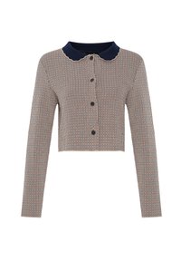 Kortärmad lång cardigan i hundtandsmönster. Blå krage med vågig kant, fem svarta knappar, texturerat stickat tyg.