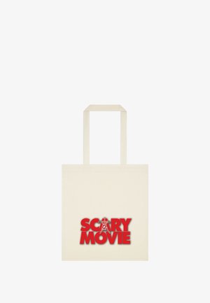 Canvas totepose i creme med "SCARY MOVIE" grafik i rød, prydet med et stjernemønster. To kraftige håndtag for nem transport.