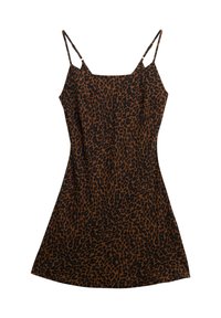 Vestido de estampado de leopardo en marrón y negro, con tirantes finos, escote recto y silueta acampanada. Fabricado en tejido ligero.